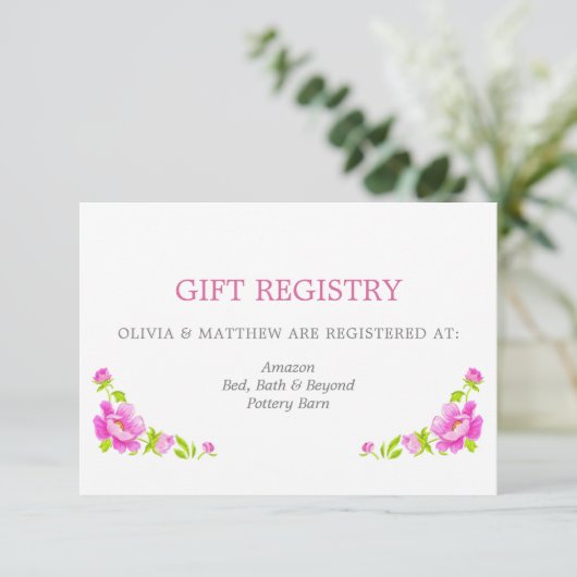 Pink Peonies Silver Wedding Gift Registry Begleitkarte (Stehend Vorderseite)