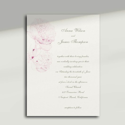 Pink Peonies Sketch Formal Calligrafy Wedding Einladung