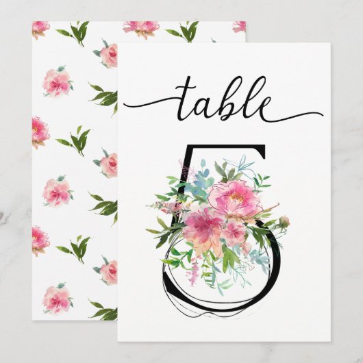 Pink Peonies Tabelle fünf Tischnummern (Vorne/Hinten)