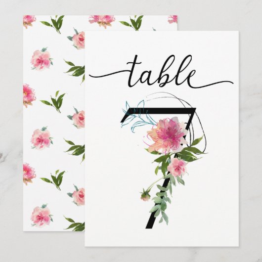 Pink Peonies Tabelle sieben Tischnummern (Vorne/Hinten)