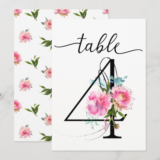 Pink Peonies Tabelle vier Tischnummern (Vorne/Hinten)