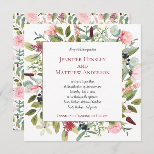 Pink Peonies und Eukalyptus Wasserfarbene Blüten Einladung (Vorne/Hinten)