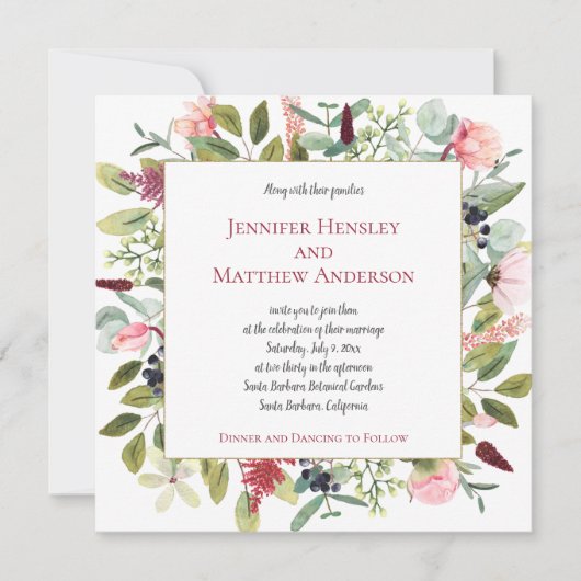 Pink Peonies und Eukalyptus Wasserfarbene Blüten Einladung (Vorderseite)