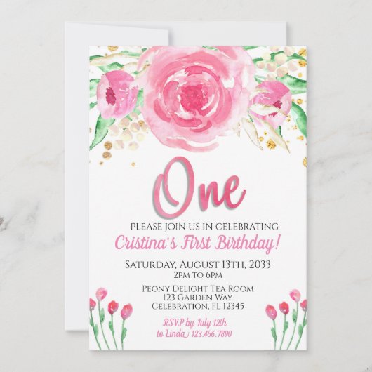 Pink Peonies Verzauberter Chic Erster Geburtstag Einladung (Vorderseite)