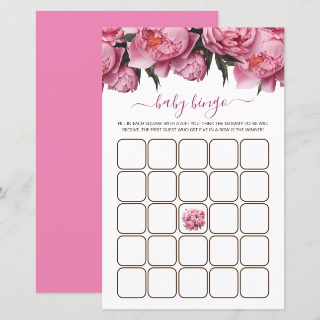 Pink Peonies Watercolor Baby Showspiel Bingo (Vorne/Hinten)