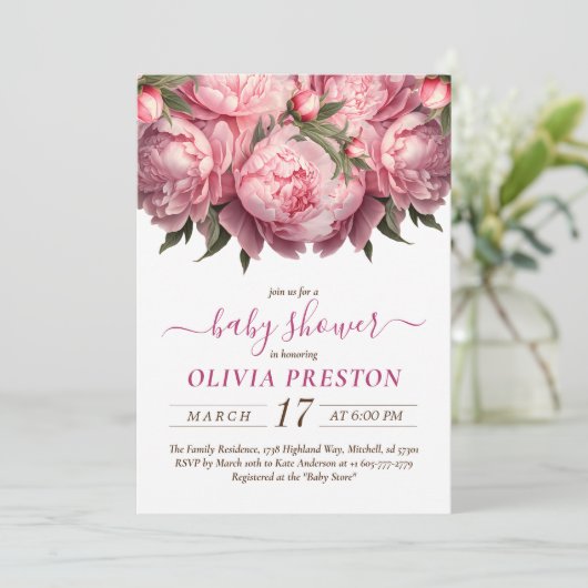 Pink Peonies Watercolor Babydusche Einladung (Stehend Vorderseite)