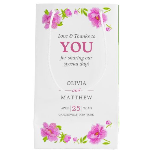 Pink Peonies Watercolor Blumengrün Hochzeitsgast Kleine Geschenktüte (Vorderseite)