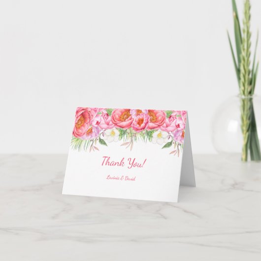 Pink Peonies Watercolor Florals Wedding Vielen Dan Dankeskarte (Vorderseite)