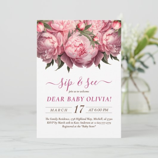 Pink Peonies Watercolor Sip und Siehe Einladung (Stehend Vorderseite)