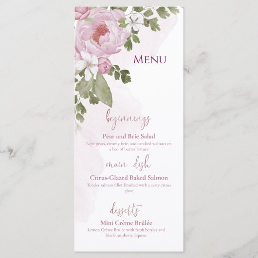 Pink Peonies Wedding Menu Menükarte (Vorderseite)