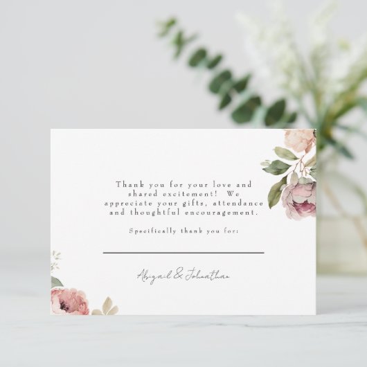 Pink Peonies Wedding Message Flat Danke Karte (Stehend Vorderseite)
