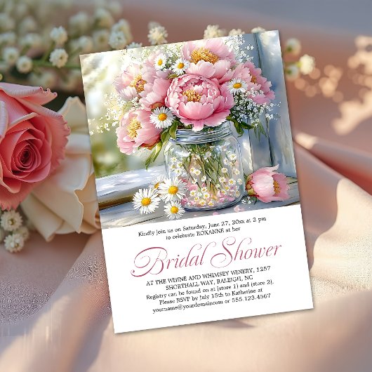 Pink Peonies White Daisies in Mason Jar Einladung