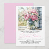 Pink Peonies White Daisies in Mason Jar Einladung (Vorne/Hinten)