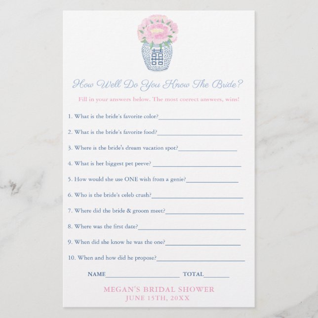 Pink Peonies Who Knows Bride The Best Game Sheet (Vorderseite)