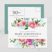 Pink Peony 90. Geburtstag Einladungspostkarte (Vorne/Hinten)