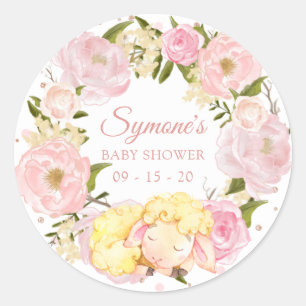 Pink Peony and Rose Gold Lamb Punkt Babydusche Runder Aufkleber