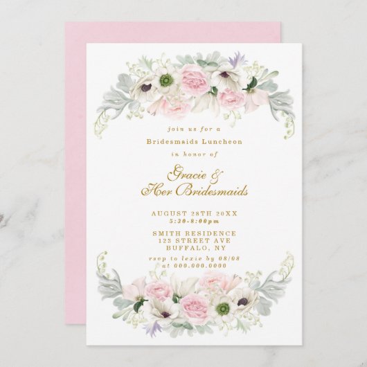 Pink Peony Anemone Bridesmaids Luncheon Einladung (Vorne/Hinten)
