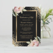 Pink Peony Black Gold Foto Feier des Lebens Einladung (Stehend Vorderseite)
