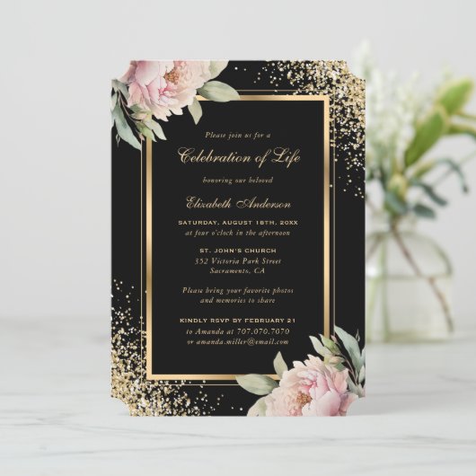 Pink Peony Black Gold Foto Feier des Lebens Einladung (Stehend Vorderseite)