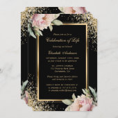 Pink Peony Black Gold Foto Feier des Lebens Einladung (Vorne/Hinten)