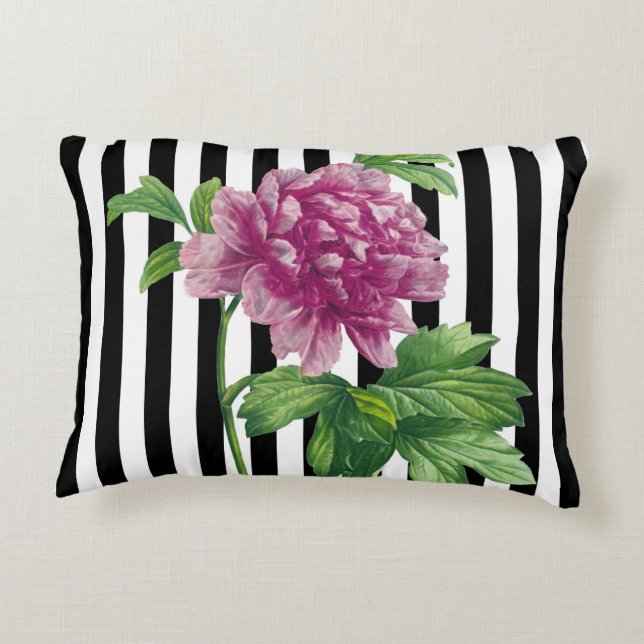 Pink Peony Black Stripes Chic Zierkissen (Rückseite)