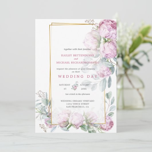 Pink Peony Bliss Wedding Einladung (Stehend Vorderseite)