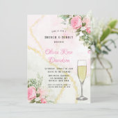 Pink Peony Bloom Alkohol Tinte Brunch & Bubbly Einladung (Stehend Vorderseite)