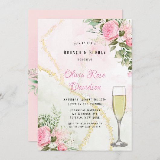 Pink Peony Bloom Alkohol Tinte Brunch & Bubbly Einladung (Vorne/Hinten)