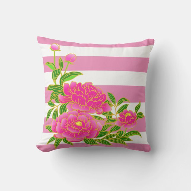Pink Peony Blume auf Strip Background Summer Kissen (Vorderseite)
