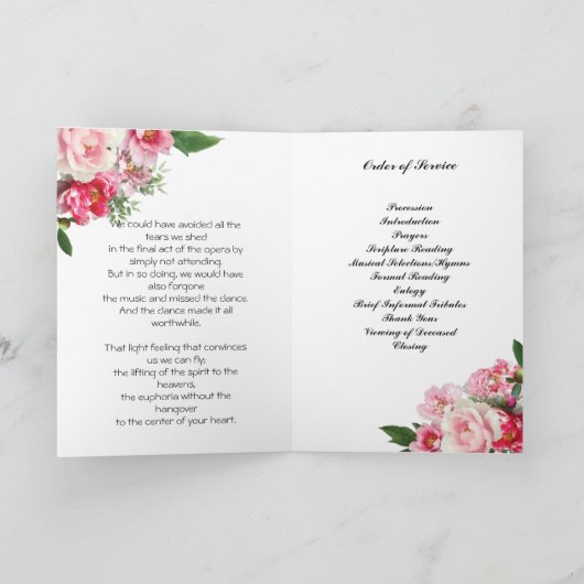 Pink Peony Blume Beerdigung Programm (Innenseite)