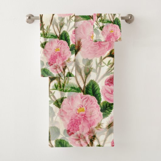 Pink Peony Blume, Blätter & Buds Muster Badhandtuch Set (Insitu)