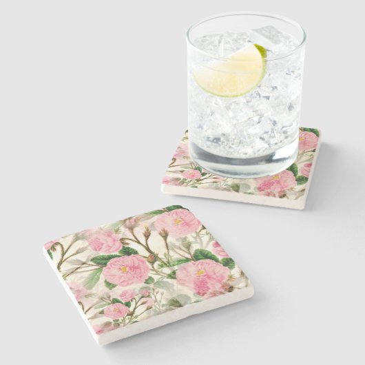 Pink Peony Blume, Blätter & Buds Muster Steinuntersetzer (Seitenansicht)