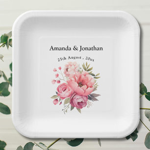 Pink Peony Blume Bouquet Monogram Wedding Pappteller