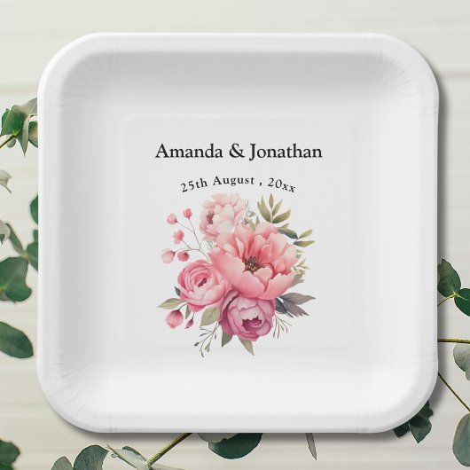 Pink Peony Blume Bouquet Monogram Wedding Pappteller