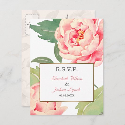 Pink Peony Blume Hochzeit Rsvp Einladungspostkarte (Vorne/Hinten)