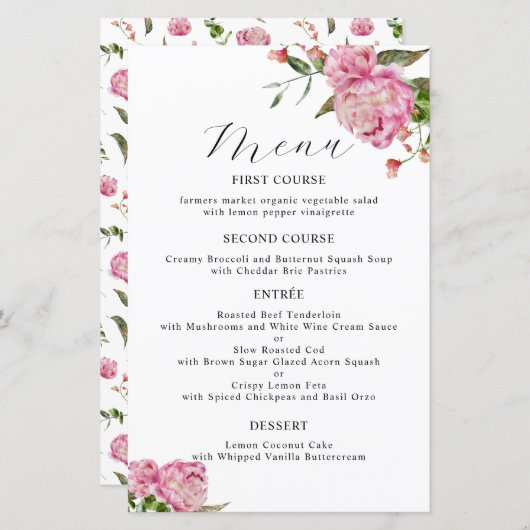 Pink Peony Blume Hochzeitmenü (Vorne/Hinten)