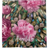 Pink Peony Blume Individuelle Name Duschvorhang (Vorderseite)