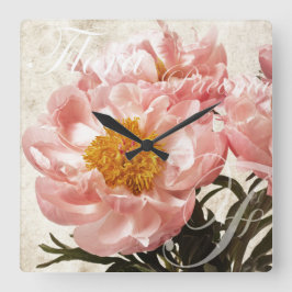 Pink Peony Blume Marble Script Hintergrund Quadratische Wanduhr