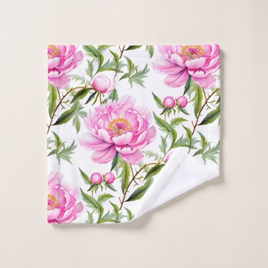 Pink Peony Blume mit Sage Green Blätter Badhandtuch Set (Waschlappen)