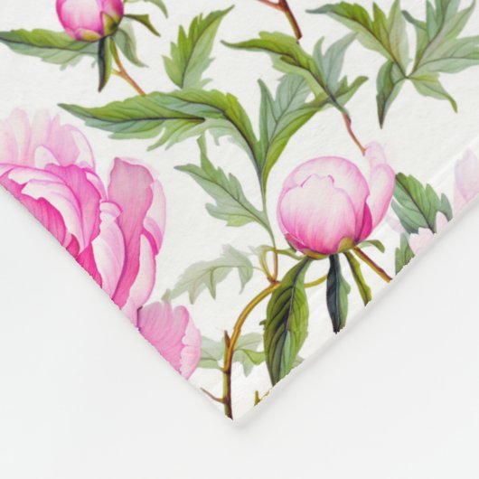 Pink Peony Blume mit Sage Green Blätter Fleecedecke (Ecke)