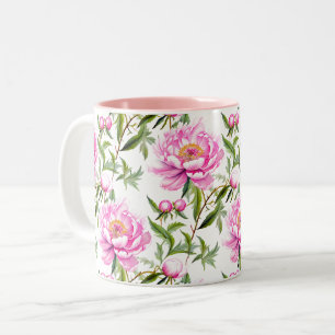 Pink Peony Blume mit Sage Green Blätter Zweifarbige Tasse