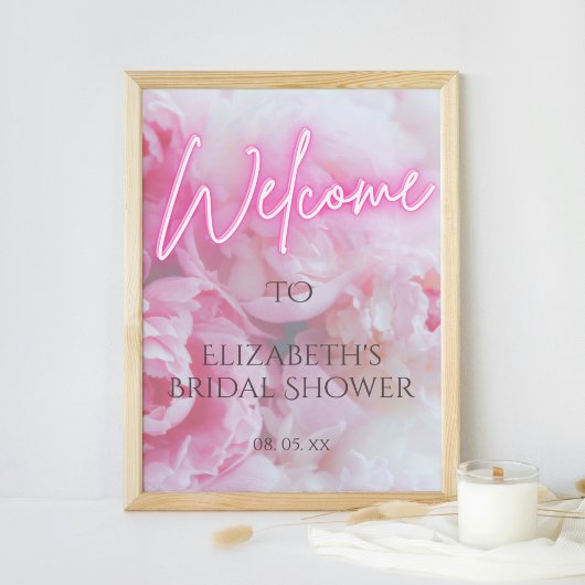 Pink Peony Blume Neon Glow Willkommen Brautparty Poster