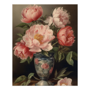 Pink Peony Blume Vase Floral Bouquet Vintag Poster