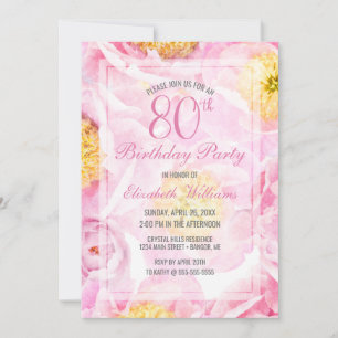 Pink Peony Blume Watercolor 80. Geburtstagsparty Einladung