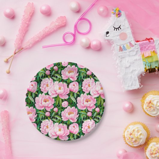 Pink Peony Blüten auf einem grünen Hintergrund Pappteller (Party)