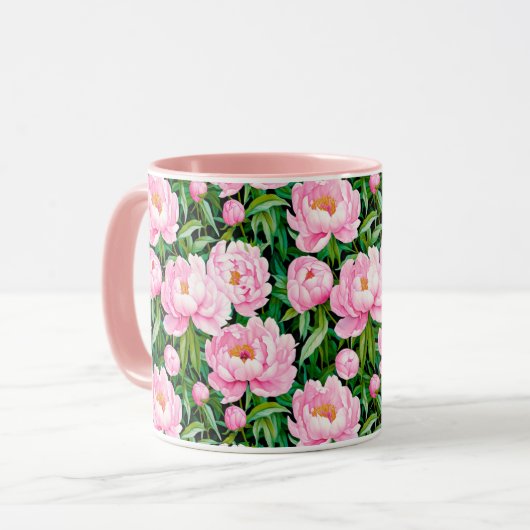 Pink Peony Blüten auf einem grünen Hintergrund Tasse (Vorderseite Links)