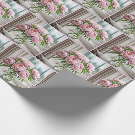 Pink Peony Bouquet in einem Regenfenster Geschenkpapier (Ecke)