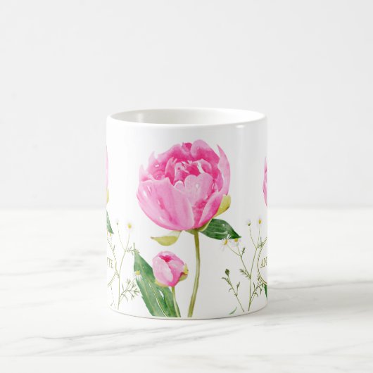 Pink Peony & Daisy Illustriert Name & Datum Kaffeetasse (Mittel)