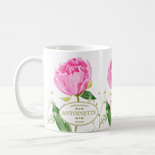 Pink Peony & Daisy Illustriert Name & Datum Kaffeetasse (Links)