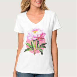 Pink Peony Dot Mosaic Flower V Neck T-Shirt
